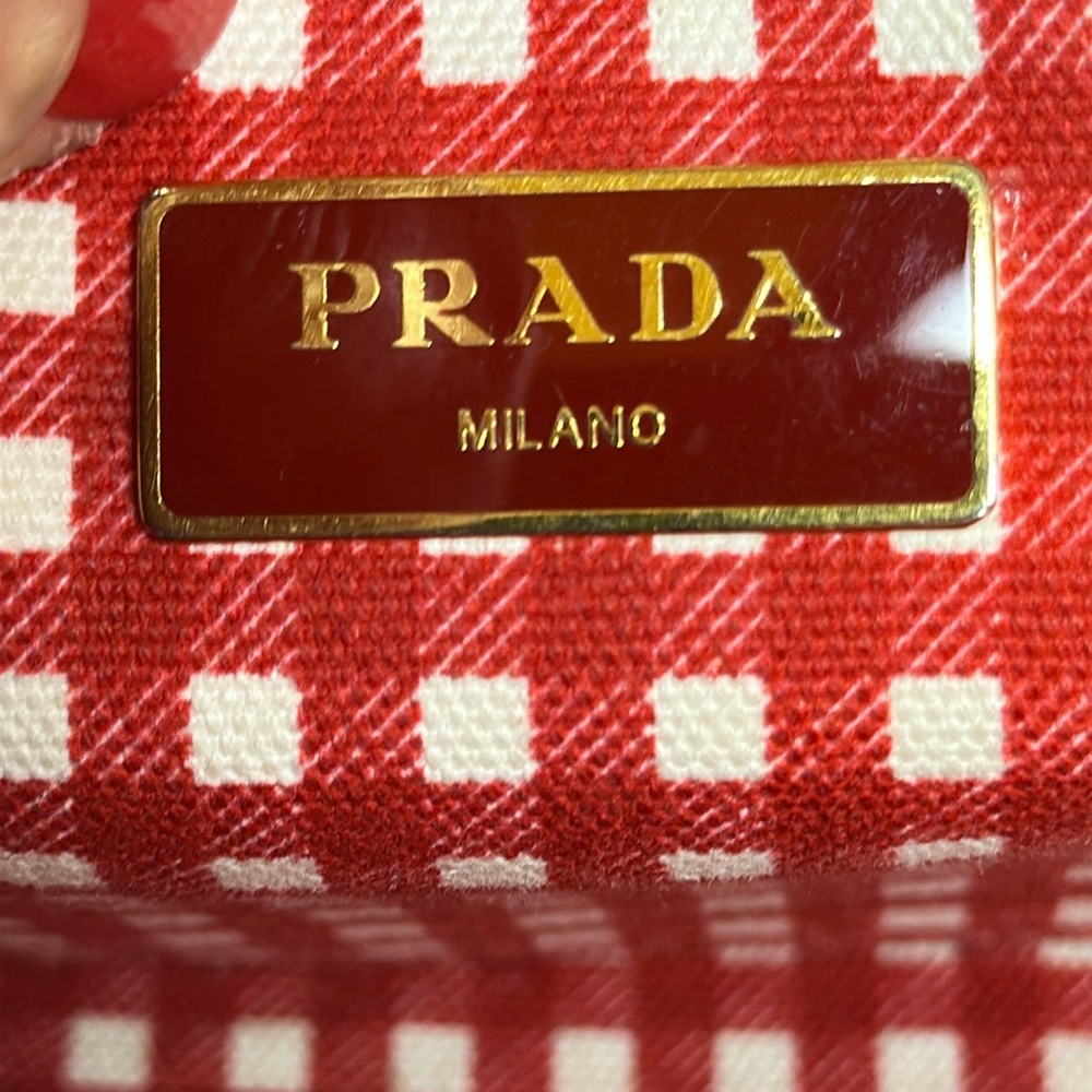 Prada Canapa Red Denim Canvas Snap Sides, Adjustable Removable Strap, Auth Cards - Picture 15 of 16